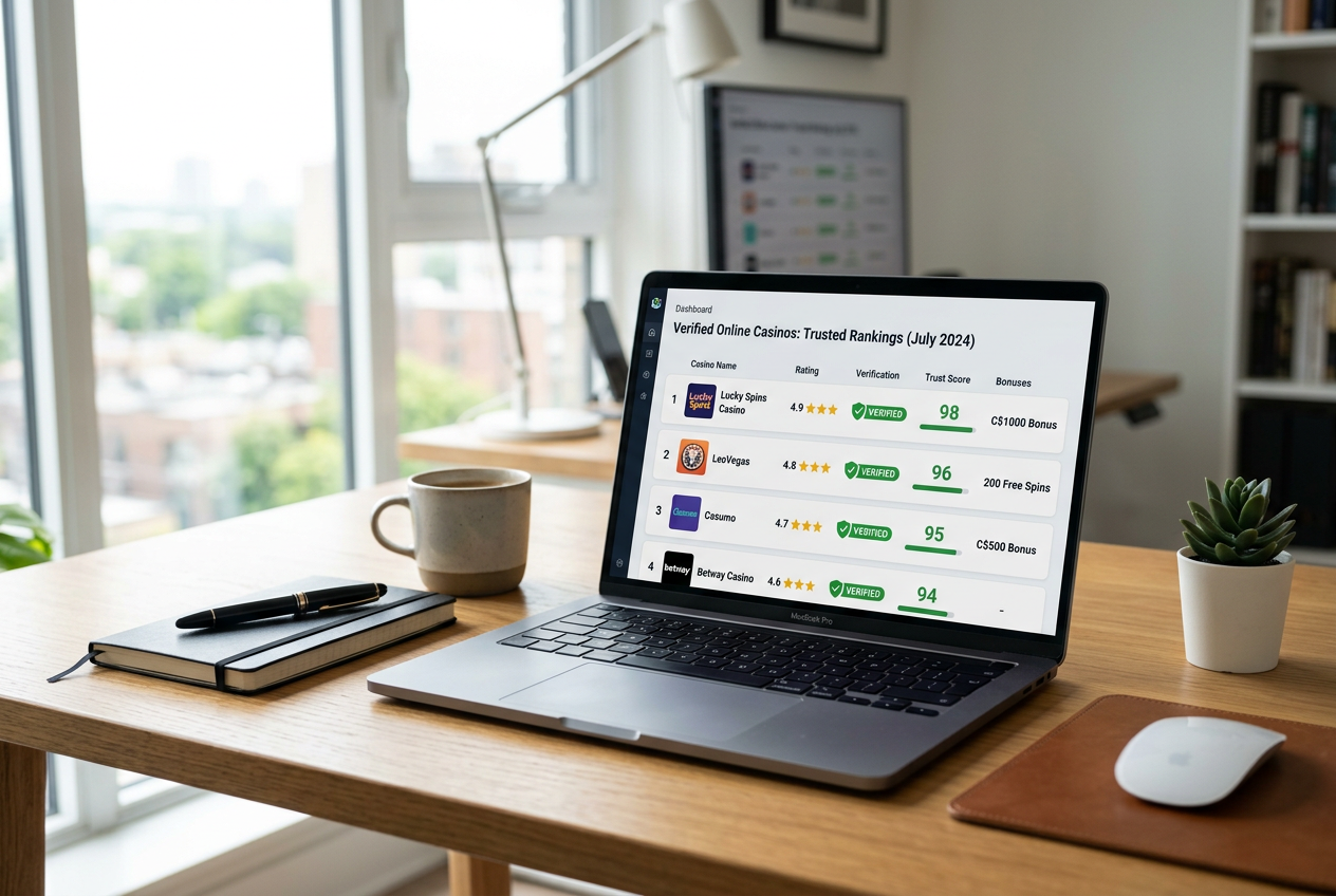 Professional digital dashboard showing casino rankings and trust scores